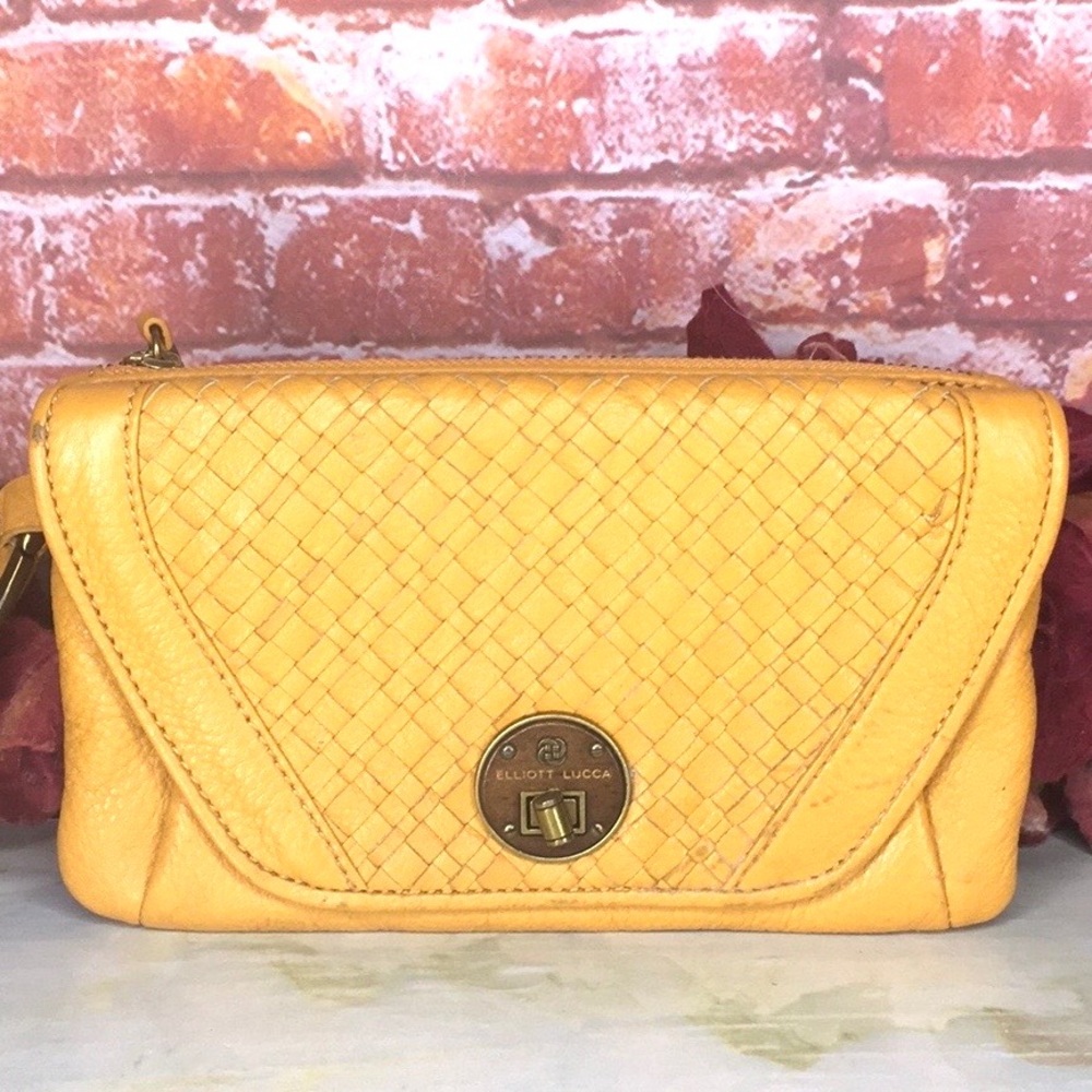 Elliott Lucca Yellow Woven Leather Clutch Wrislet